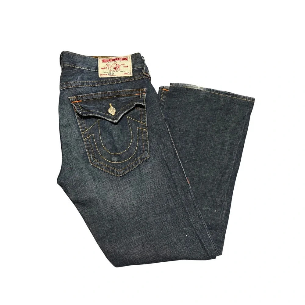 True Religion Ricky Straight Leg Jeans Mens 34 Dark Wash Distressed USA Made